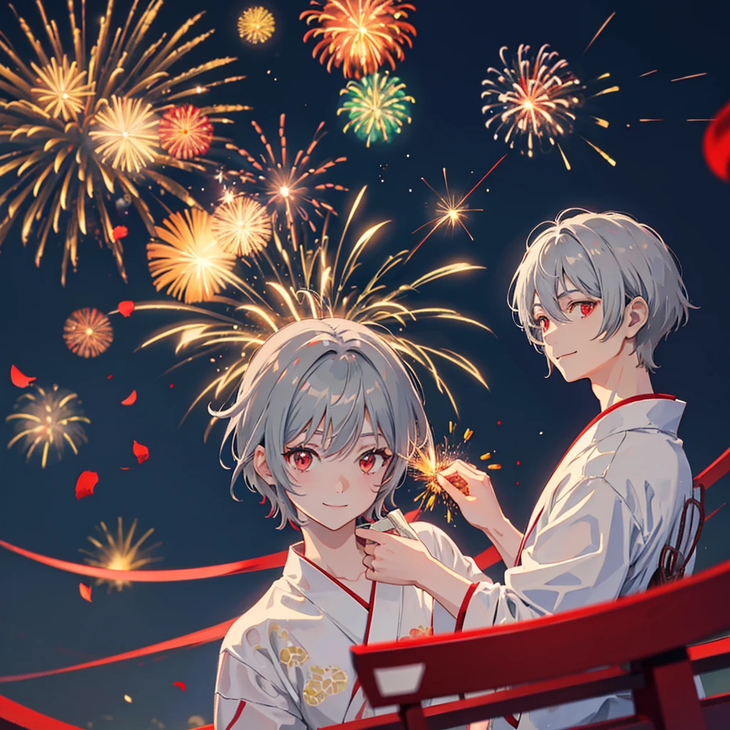 solo, Gray Hair, Red eyes, smile, Anime Style, male, Short Hair, yukata, firework