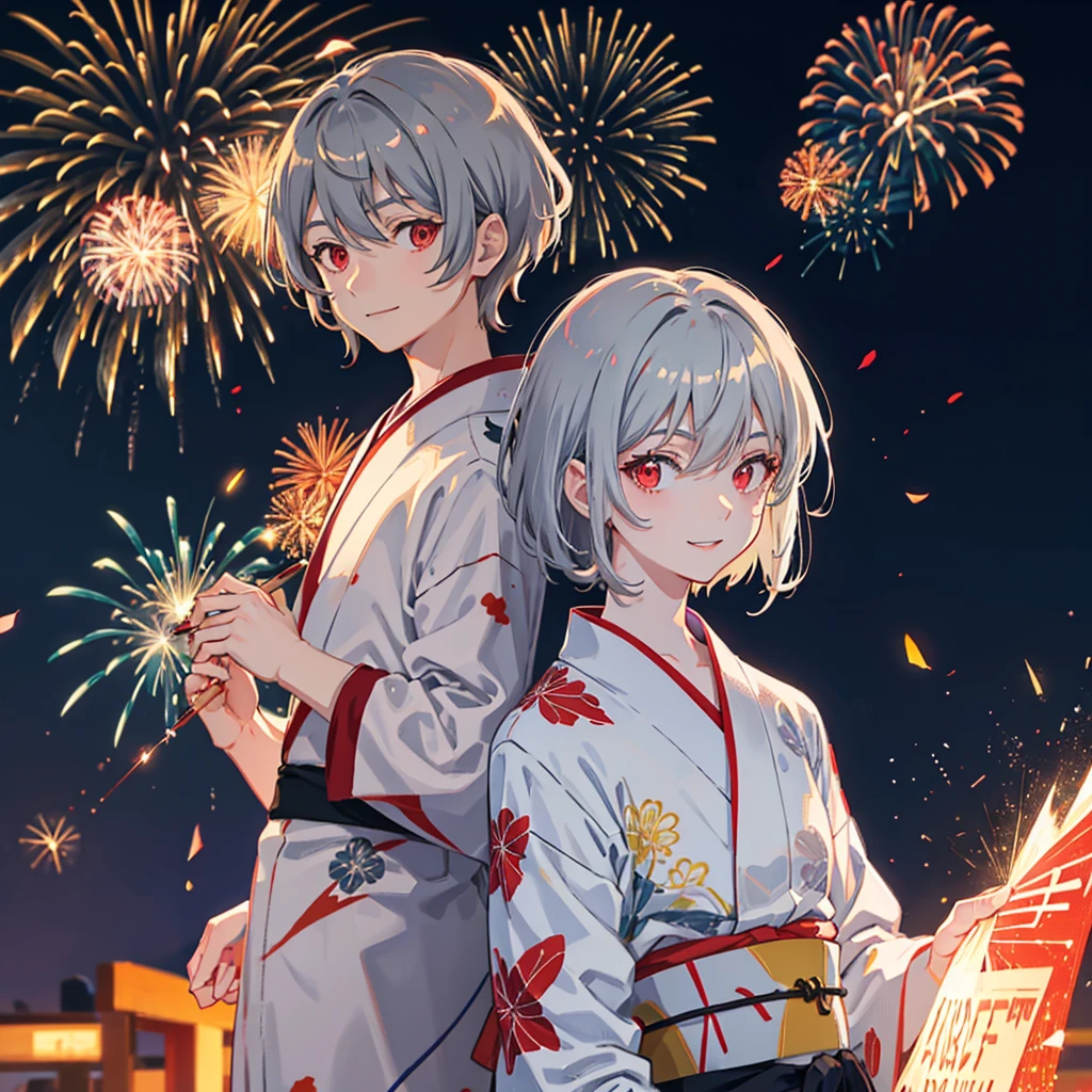 solo, Gray Hair, Red eyes, smile, Anime Style, male, Short Hair, yukata, firework