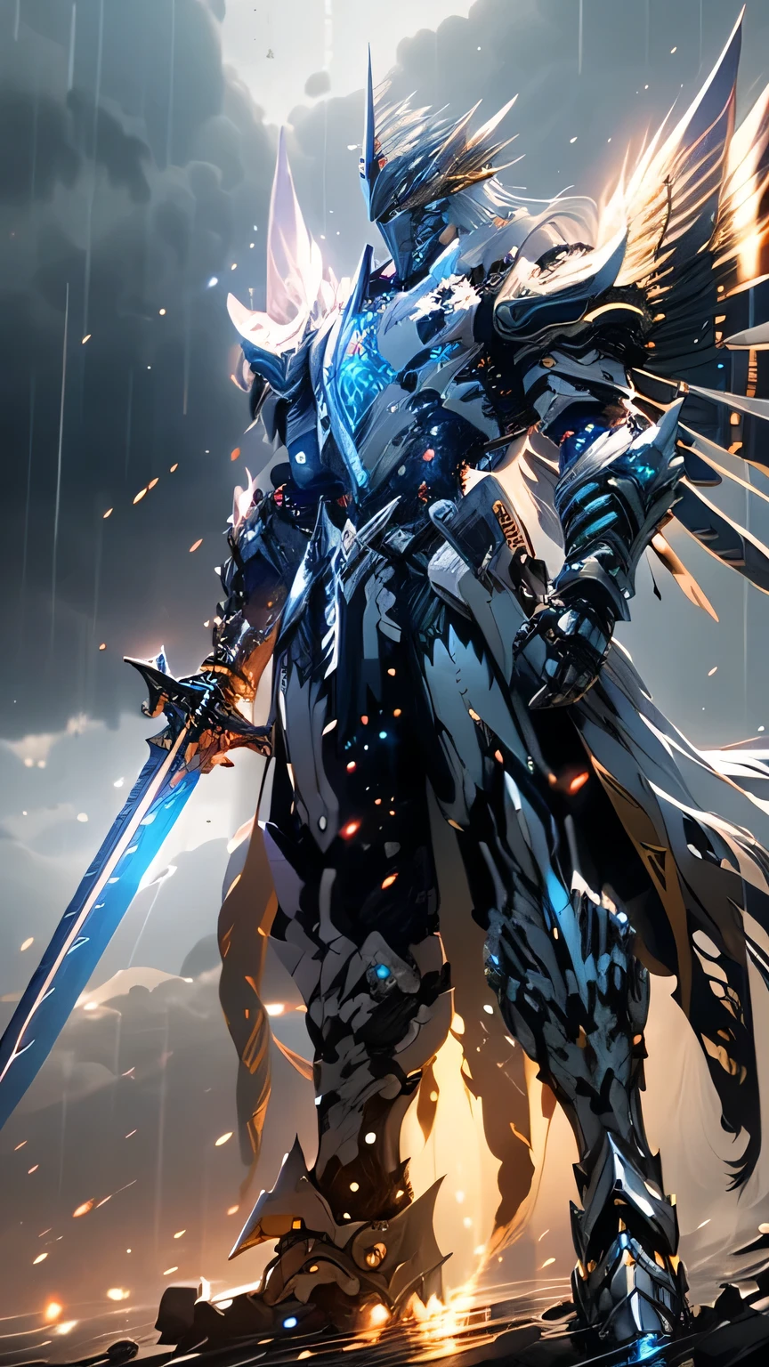 Cyborg Angel King, epic, HdR, Hyperdetail, cinematiclight, (((from front))), (((glowing armor))), ((dark skies)), (((volumetric light))), (((full body, flying))), (((holding ancient sword))), (((distant angle)))