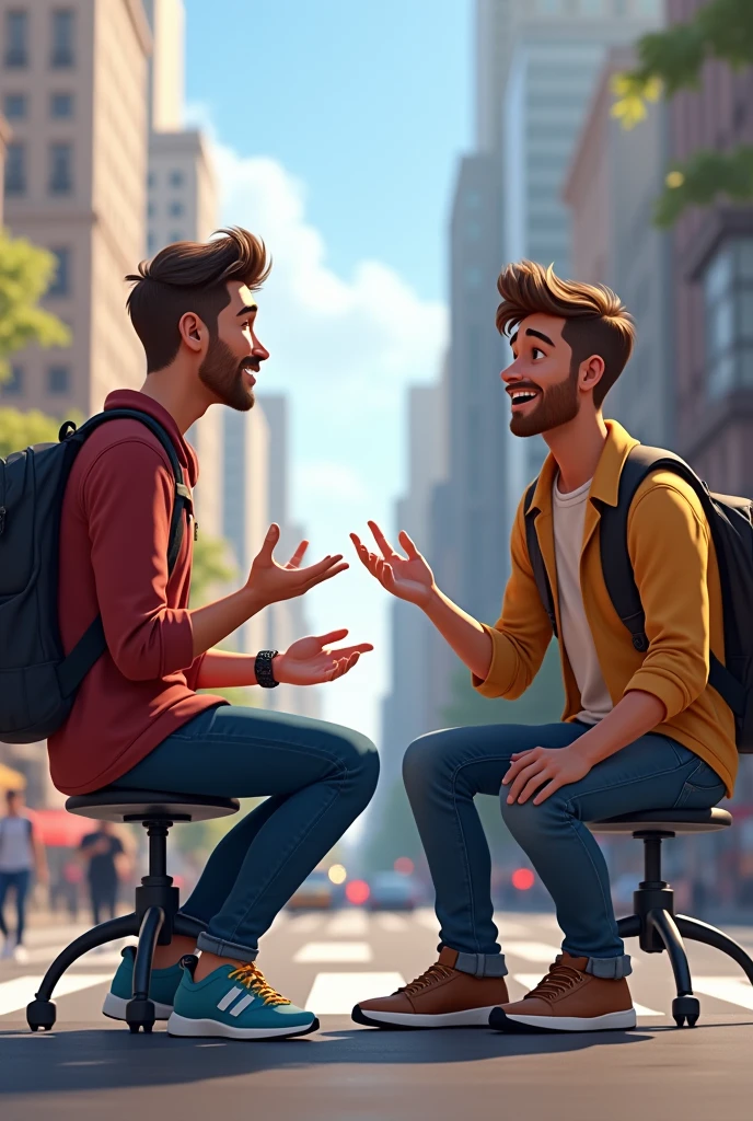 Guy talk to his friend who is sitting in the city