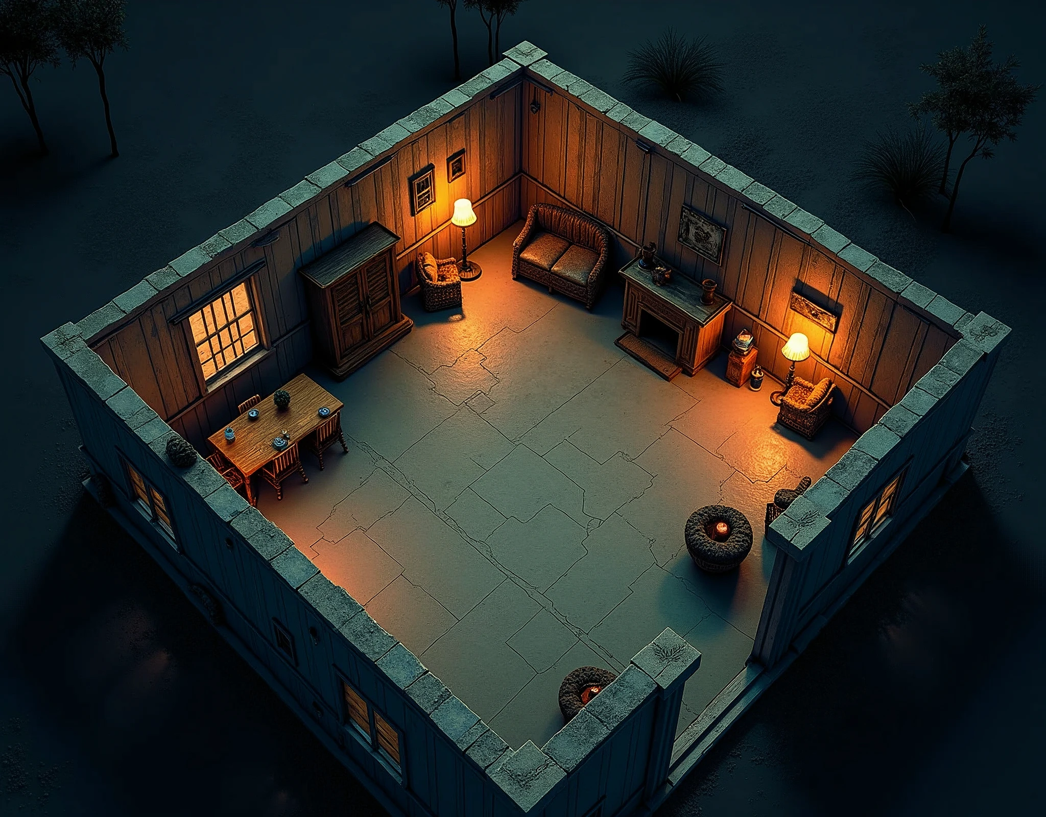 vampire the masquerade, map rpg, (map of a farm with some animals), game art, birdseye straight top-down shot from a drone, battlemap, current modern theme, seen from above, role-playing game, empty location, nighttime environment, wicker furniture, (coherent architecture and interior, with realistic proportions and textures, intricate details, handdrawn, vibrant, cinematic lighting, masterpiece, 8k:1.2)
