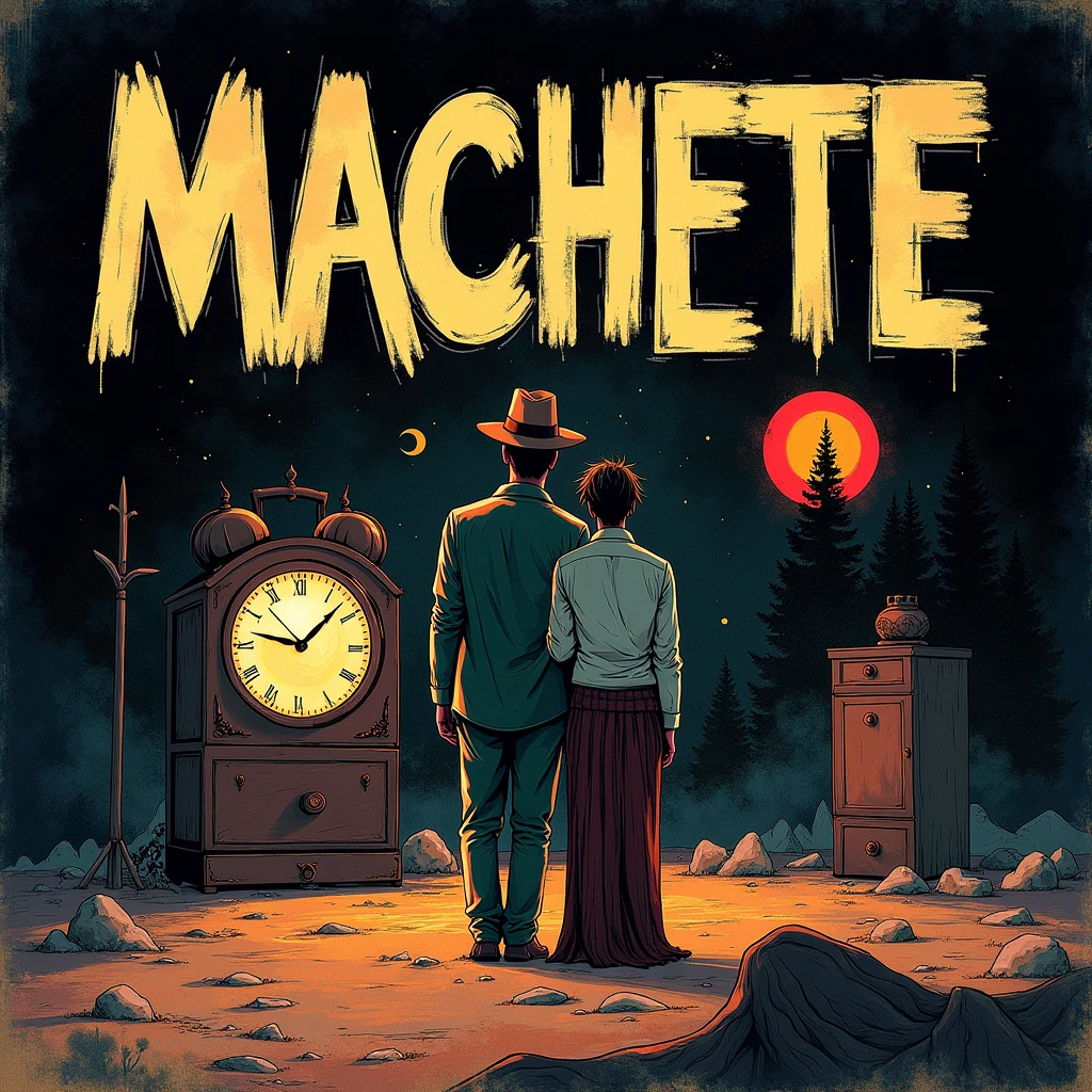 Cover for a rock band with a headline that says "machete".
Using an abstract illustration style, messy and simple stroke, with many different figures that refer to time, the night and the bohemian.
Do not use humans or anthropomorphic figures.