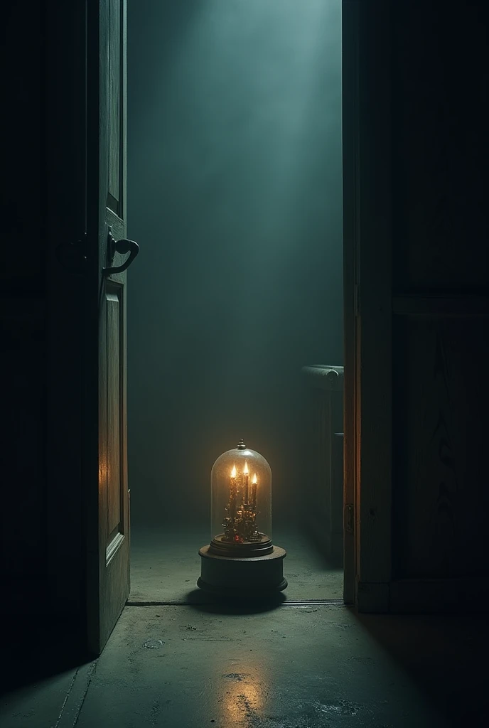 Door creaks open, revealing a small room. In the center, a music box plays a haunting melody.