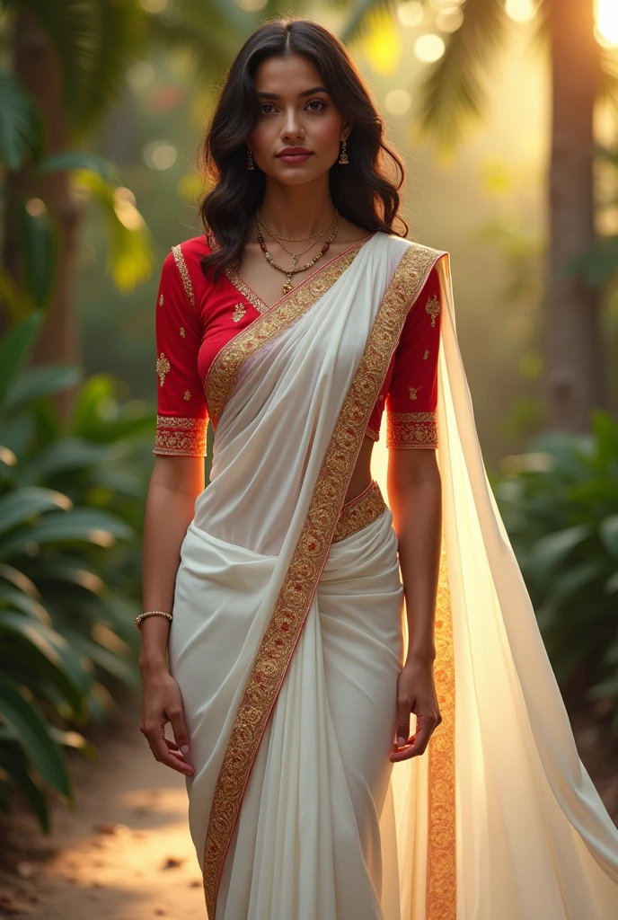 Wonderful southindian women wearing white color saree and red color blouse with breast size 36 hip 28