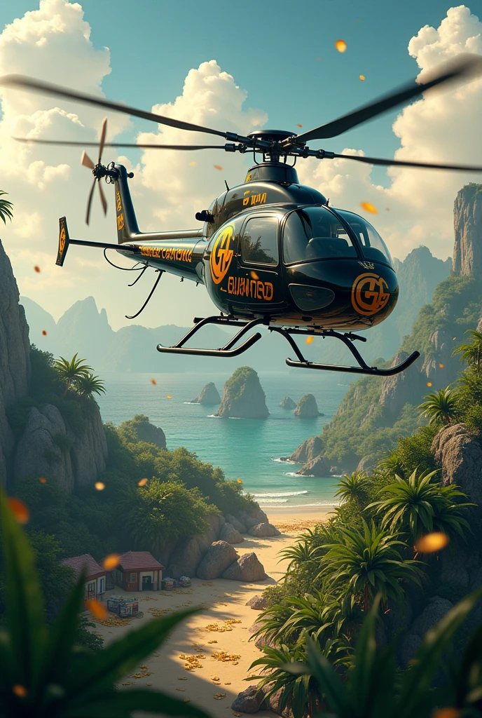 A HELICOPTER WITH THE GG LOGO
, Flying in the sky, on an island full of gold coins money and marijuana , and 777 slot machines , money rain