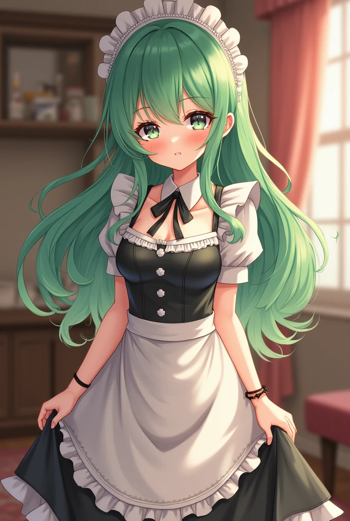 The green-haired maid is shyly holding her buttocks through her skirt.