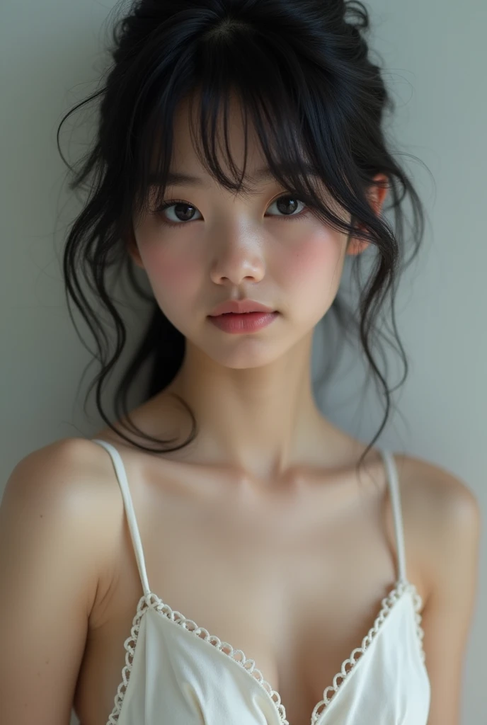 a girl of 22 years old, white skin, black hair with butterfly cut, nude, showing her breast,