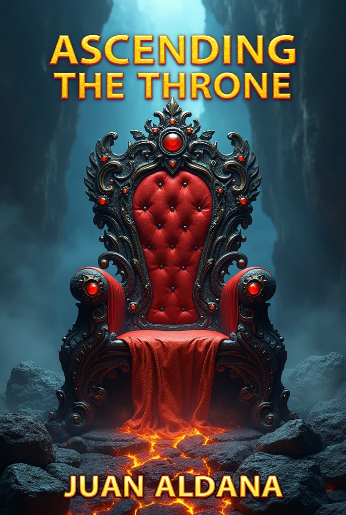 A book cover.

The title will be: Ascending the Throne. It will be centered at the top and written in gold..

In the center of the cover you will see a throne made of volcanic rock and precious stones embedded around it..

Below in the center will be the name of the author which is: Juan Aldana. Also written in gold letters The title will appear written in Spanish.