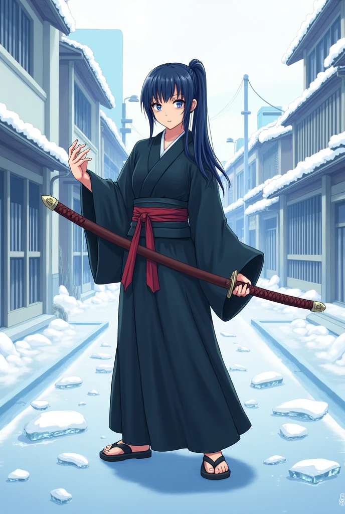 Thick outline, comics, Realistic, One girl, alone, ice, Holding a sword, kuchiki_Rukia, Black kimono, Japanese Street, Detailed Background, Detailed face, Detailed eyes,