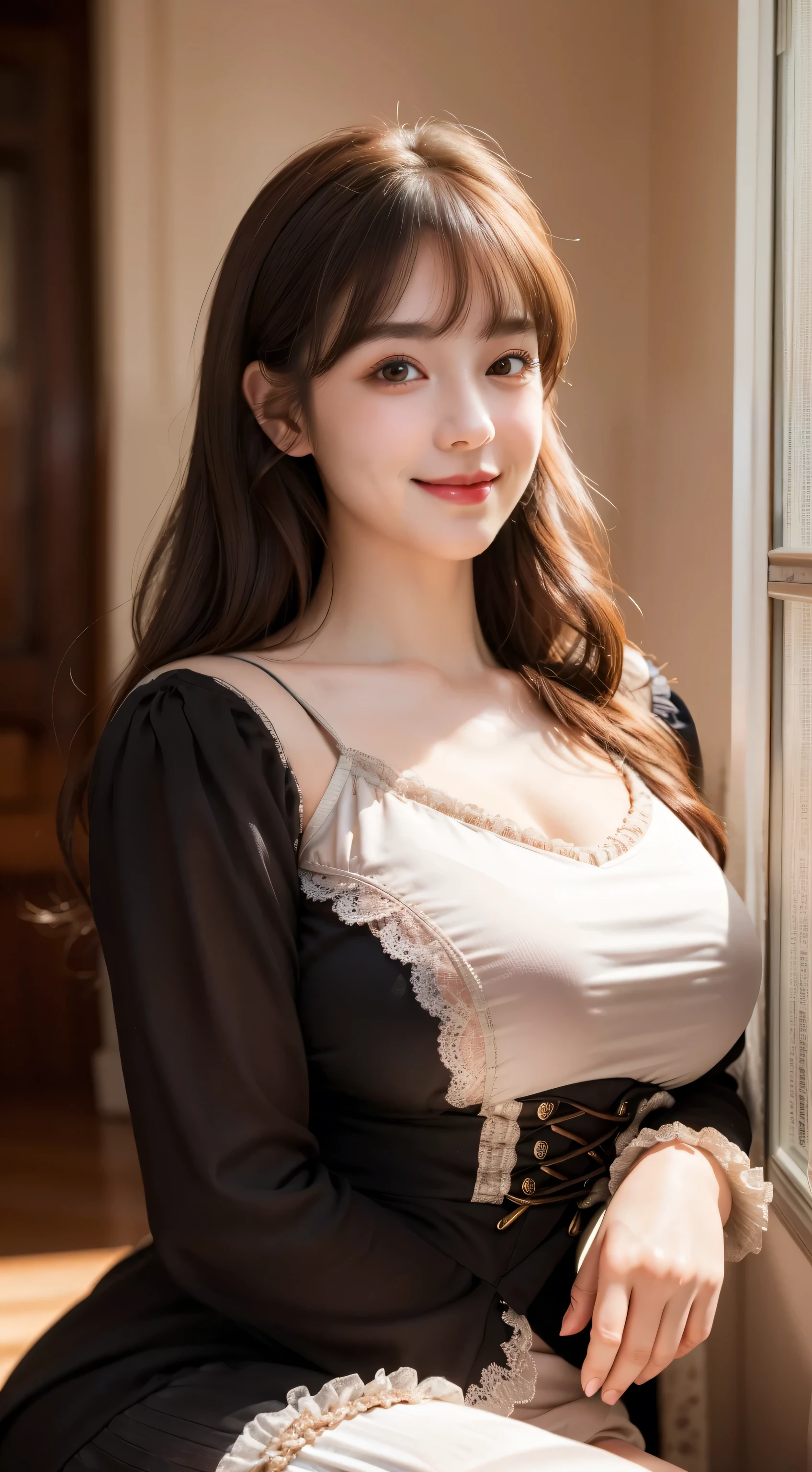 Only one female, (Victorian women's clothing), (Dark brown hair) bangs, Blushing Smile, (Masterpiece Top quality:1.2) Delicate illustrations, super detailed, Big Break