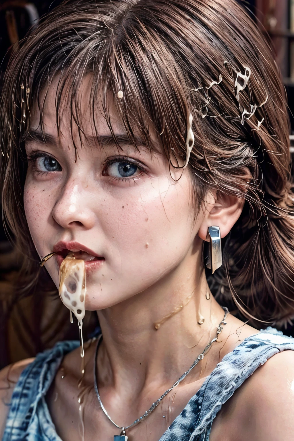 realistic, photo-realistic, masterpiece, best quality, intricate details, extremely detailed, cinematic lighting, solo, a Japanese mature woman, (drip milk from mouth:1.8), bare shoulders, dark hair, bangs, ponytail, hair ornament, hair scrunchie, cute face, detailed face, beautiful detailed eyes, sophisticated nose, pale skin, fine-textured skin, sweaty, shiny skin, earrings, necklace, jewelry, photo background, indoors, home, 