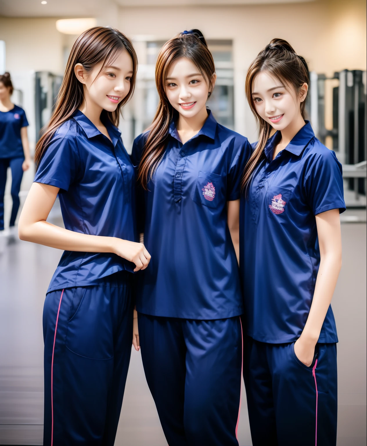 3 girls in fitness center, Navy blue short-sleeved shirt,Navy Long Trackpant,Sweatpants, Sweatpantsขายาว,25 year old girl, lesbian, sexy, exercise clothes, wet body, exercise clothes