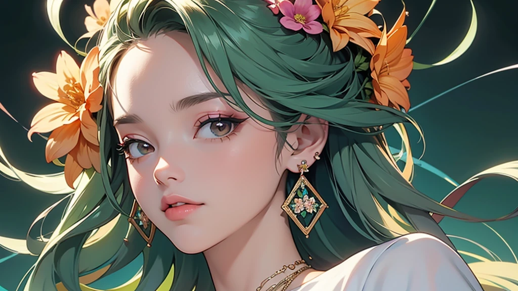 32K, 最高quality, 最高masterpiece, (ultra-Detailed Background, Detailed Background), High resolution, Super detailed, Very detailedな, One girl, (bouquet:1.3), (Tangled:1.2), (Geometric:1.2),(colorful),(masterpiece, quality, best quality, Official Art, Beautiful and beautiful:1.2), (1 girl:1.3), Very detailed,(colorful:1.1)(Flowers:1.3),Most detailed,(Tangled:1.2), whole body, (Abstract background:1.3), (Skin glows), (Many colors:1.4), ,(Earrings Jewelry:1.5), Light green background,