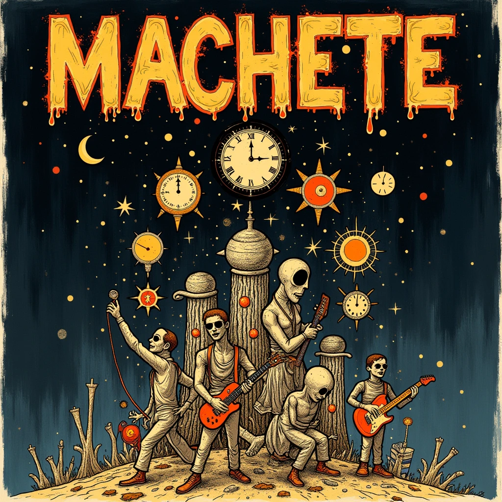 Cover for a rock band with a headline that says "machete".
Using an abstract illustration style, messy and simple stroke, with many different figures that refer to time, the night and the bohemian.
Do not use humans or anthropomorphic figures.
