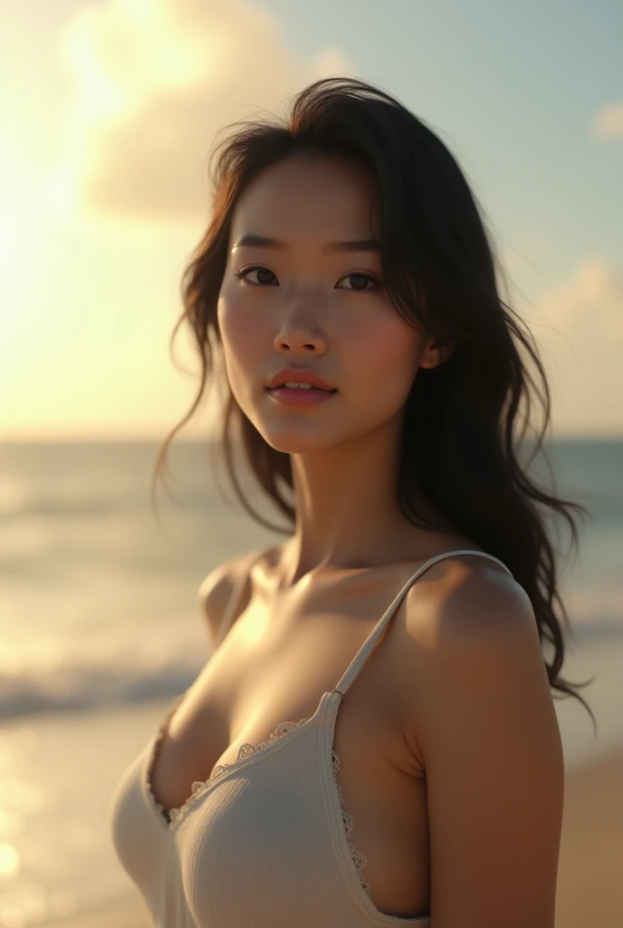 
a hyper realistic beautiful and tall Asian woman wearing tank top with a faint smile expression, Slightly Overweight, Cirebon beach view as background, afternoon, sunset, sky, HD