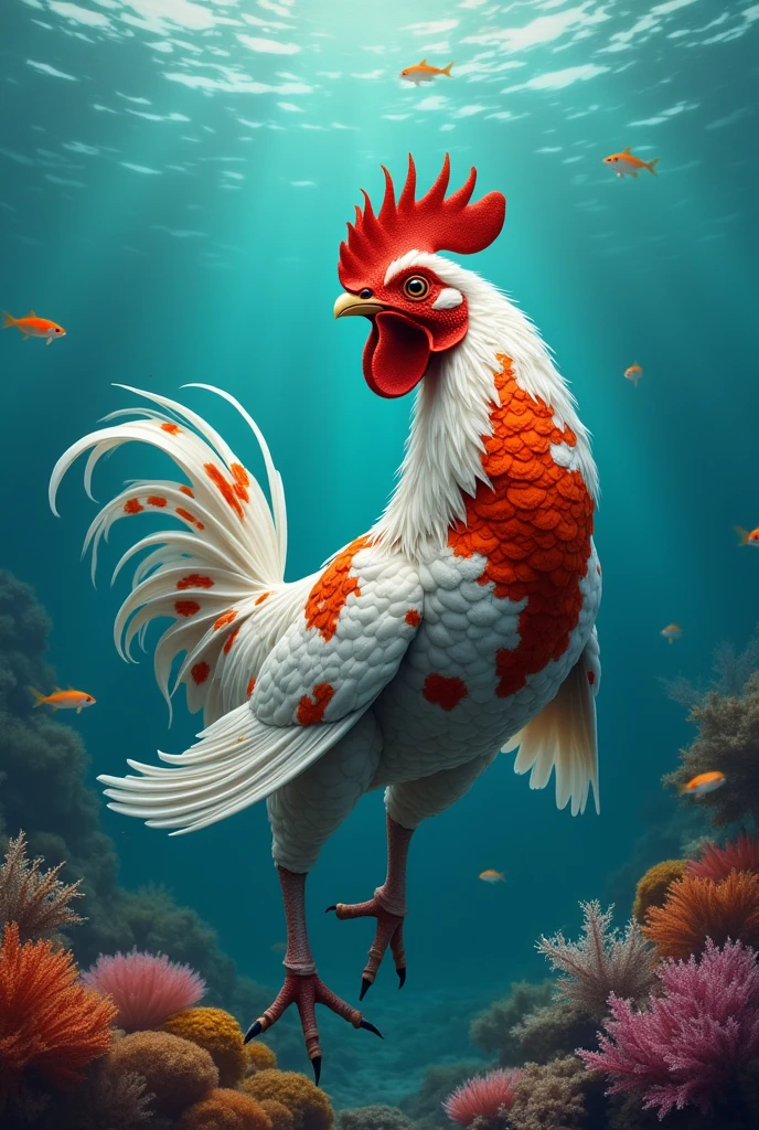  a creature hybrid of [rooster] and [koi], swimming, coral reef 