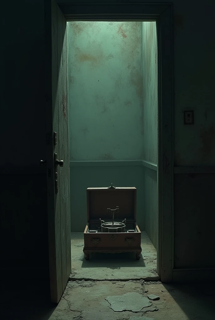 Door creaks open, revealing a small room. In the center, a music box plays a haunting melody.