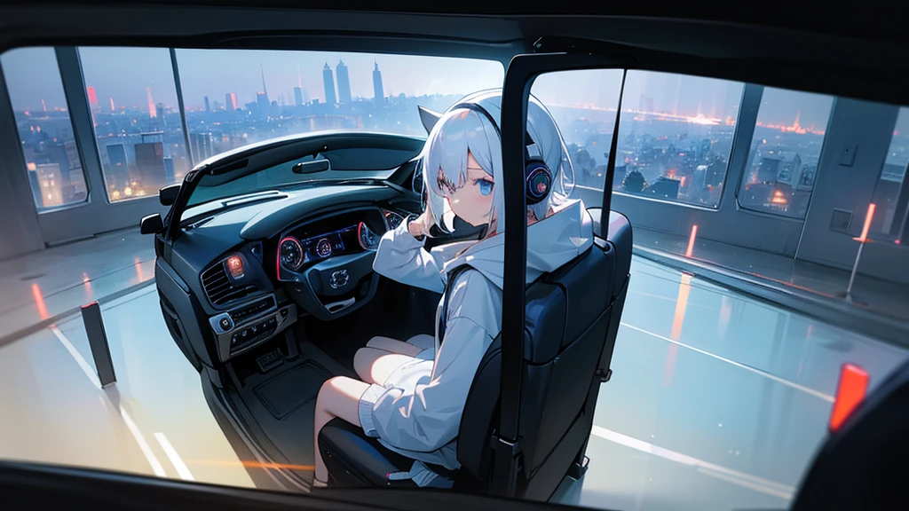 A girl with white hair and around middle school age was wearing a hoodie.、With headphones on、No light comes into the car、The girl is sitting in the back seat on the right side of a dark car、You can see a window in the distance and a beautiful city night view in the distance.、The girl's body is facing left at a right angle from the viewpoint.、The girl has her eyes closed、Sleeping with head slightly tilted downwards、The viewpoint is from the left rear seat toward the night view behind the girl.