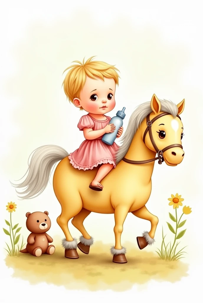A blonde baby, Brown eyes, in a pink dress and a baby bottle riding a light yellow horse, white mane stuffed animal watercolor illustration type