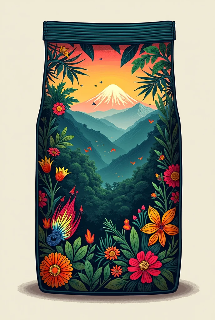 I want you to create a design for a 250g coffee bag, I want it to reflect Peruvian culture 100%%, I want it to reflect the nature and beauty of the country, that a client sees the design and says wow I want that product, that reflects typical spirits of the country and the jungle, that the design is unique and generates quality and exclusivity, that the design is according to what the Peruvian market demands