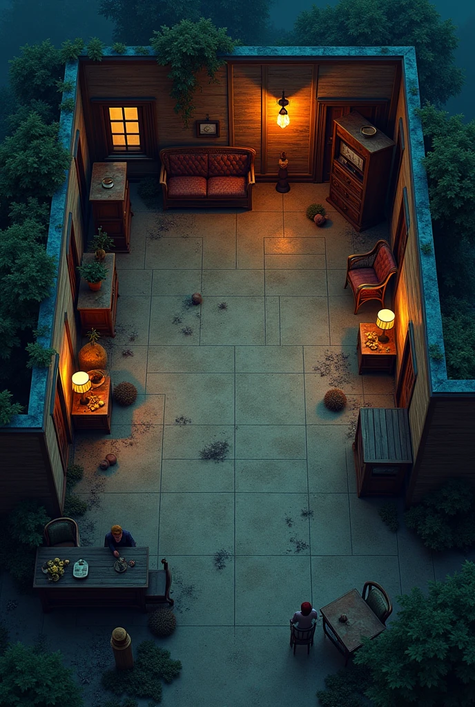 vampire the masquerade, map rpg, (map of a farm with some animals), game art, birdseye straight top-down shot from a drone, battlemap, current modern theme, seen from above, role-playing game, empty location, nighttime environment, wicker furniture, (coherent architecture and interior, with realistic proportions and textures, intricate details, handdrawn, vibrant, cinematic lighting, masterpiece, 8k:1.2)