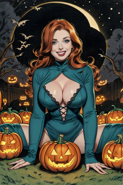 Masterpiece, best quality, hi res, 8k, hi res, 8k, award winning , (sharp focus, intricate, highly detailed) kirbywood, drawing of a sexy ginger woman surrounded by bats sitting in a pumpkin patch at night, grinning, vintage color comics