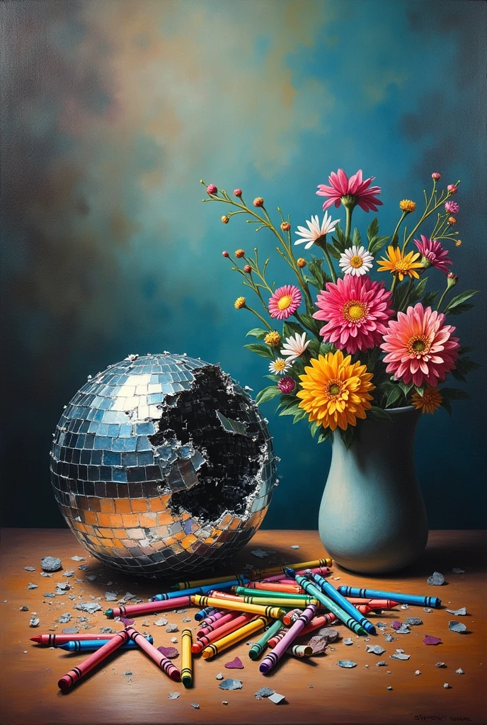 painting of a separate broken mirrorball, crayons, and flowers inside the vase