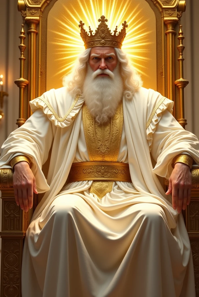 a young luminous man with posture, powerful and majestic, with big white hair, with a big white beard, facing the front, with large white , with a breas, with a golden belt and a large shining crown of gold on his head sitting and leaning on a large and exalted throne all of gold