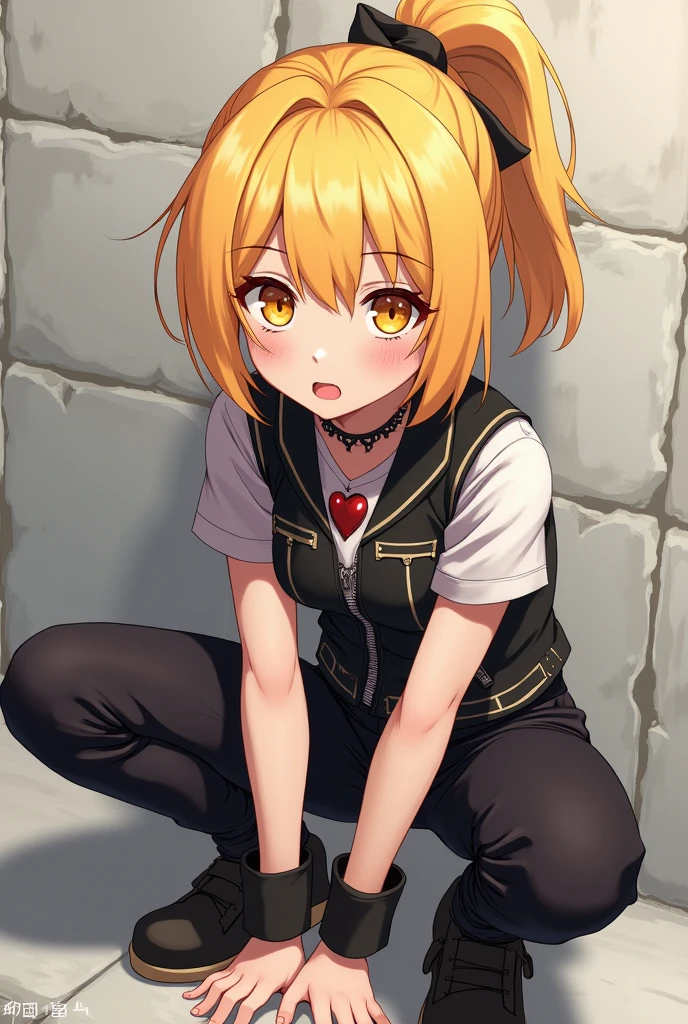 Beautiful youth, blonde, short hair, Orange eyes, Long Cut Eye, Wicked Smile, Short Ponytail, rock style costumes,🤙, Posed, Crouched, Background concrete wall,high quality, Draw Amount, Pixiv illustration