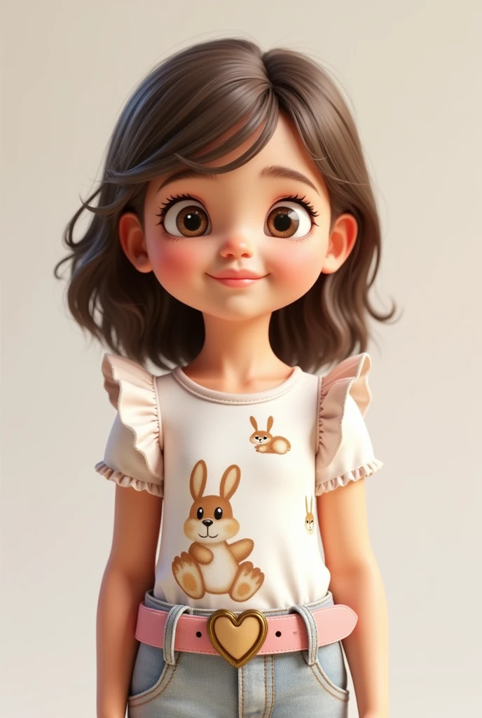 3D image of a 5 year old child full body. Wearing a white blouse with a ruffle on the sleeve and a brown rabbit print and light jeans with a pink belt and a gold heart buckle. She has light brown hair and eyes, small nose and white skin. Straight hair parted on the side, shoulder length, loose and with bangs. Slanted eyes and happy smiling. black boot. Face is tapered at the chin