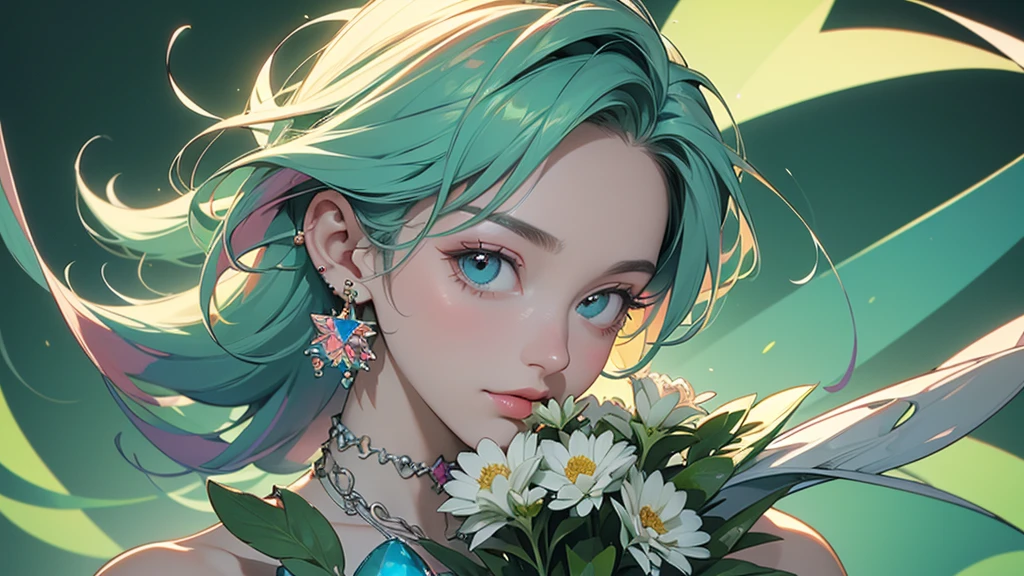 32K, 最高quality, 最高masterpiece, (ultra-Detailed Background, Detailed Background), High resolution, Super detailed, Very detailedな, One girl, (bouquet:1.3), (Tangled:1.2), (Geometric:1.2),(colorful),(masterpiece, quality, best quality, Official Art, Beautiful and beautiful:1.2), (1 girl:1.3), Very detailed,(colorful:1.1)(Flowers:1.3),Most detailed,(Tangled:1.2), whole body, (Abstract background:1.3), (Skin glows), (Many colors:1.4), ,(Earrings Jewelry:1.5), Light green background,
