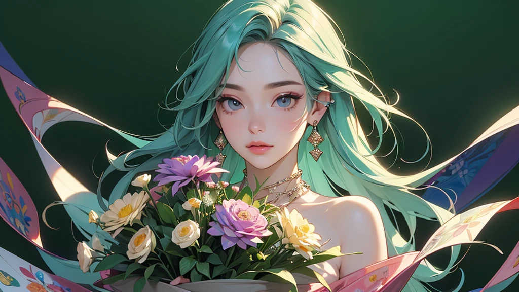 32K, 最高quality, 最高masterpiece, (ultra-Detailed Background, Detailed Background), High resolution, Super detailed, Very detailedな, One girl, (bouquet:1.3), (Tangled:1.2), (Geometric:1.2),(colorful),(masterpiece, quality, best quality, Official Art, Beautiful and beautiful:1.2), (1 girl:1.3), Very detailed,(colorful:1.1)(Flowers:1.3),Most detailed,(Tangled:1.2), whole body, (Abstract background:1.3), (Skin glows), (Many colors:1.4), ,(Earrings Jewelry:1.5), Light green background,