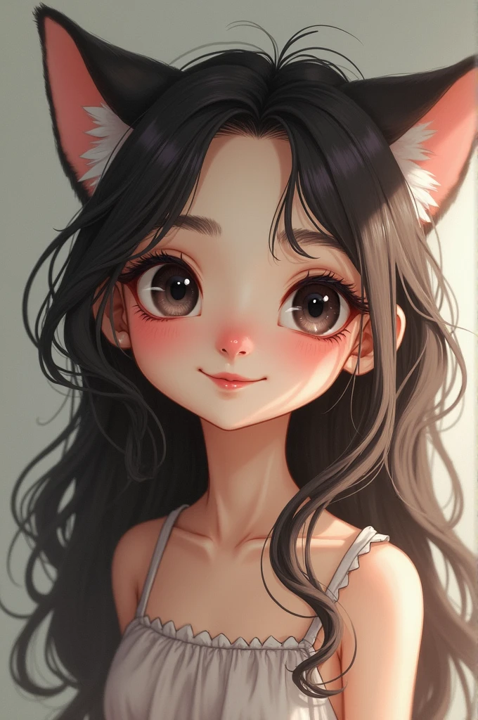 A cute adorable girl that has round black pearl gaze, cute nose button and pointed lips. She has a pair of cute fangs inside her mouth. She has fair skin and has long wavy hair down to her waist. She looks cheerful amd has wildcat behaviour.