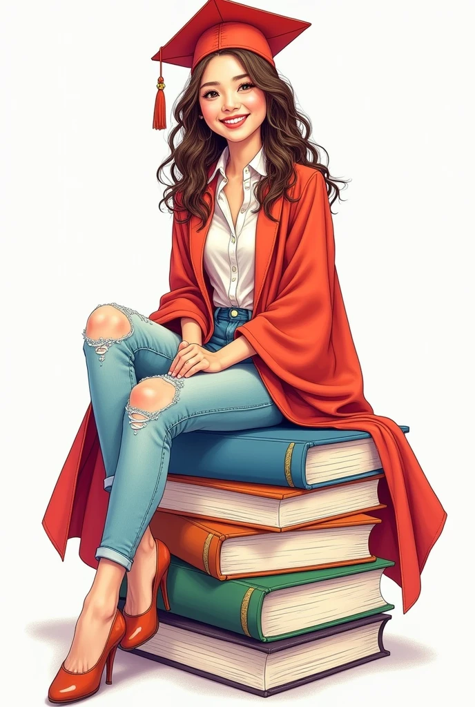 Colored drawing of a girl in a graduation gown, happy and sitting on some books