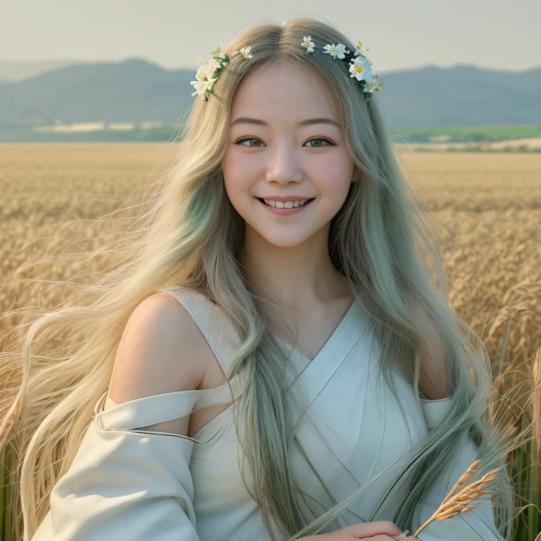 masterpiece, Best quality, ultra high resolution, detailed illustration, portrait, detailed, 1 girl stands in a wheat field, One, long hair, dress, flower, white hanfu, smile, whole body, white flower, bare shoulders, very long hair, sea green hair, closed mouth, facing the viewer, bang,