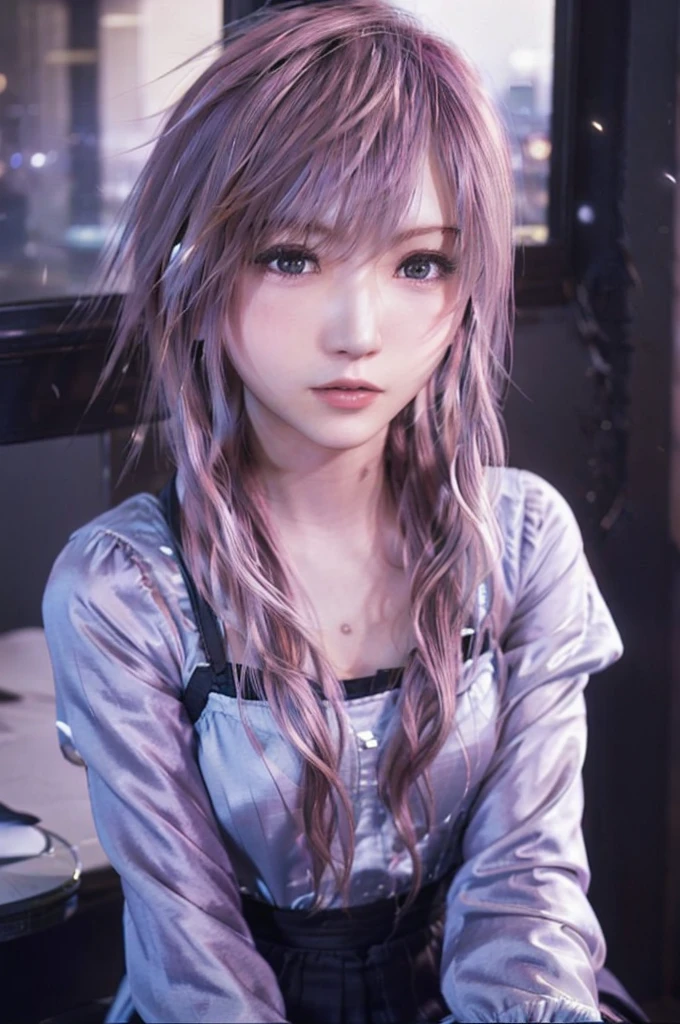 "A melancholic young woman sitting by a window at night, illuminated by soft moonlight and the warm glow of a nearby lamp. She's looking out at a city skyline with twinkling lights. The room is dimly lit, with an open door visible in the background. A landline phone sits on a small table next to her, with a framed photograph beside it. The woman's expression is wistful and longing, her eyes reflecting both hope and sadness. The overall atmosphere is one of quiet anticipation and nostalgia, with a color palette dominated by deep blues, soft purples, and warm yellows. The style should be realistic with a touch of dreamlike quality, emphasizing the emotional weight of the scene."
