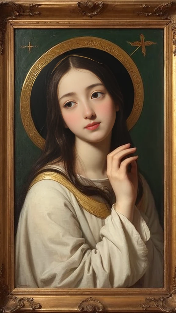 Virgin Mary、Ancient Jews、Beauty、Long face、Sacred、Halo、With arms outstretched、A gentle gaze、Looking down、Renaissance religious paintings、Raffaello Santi