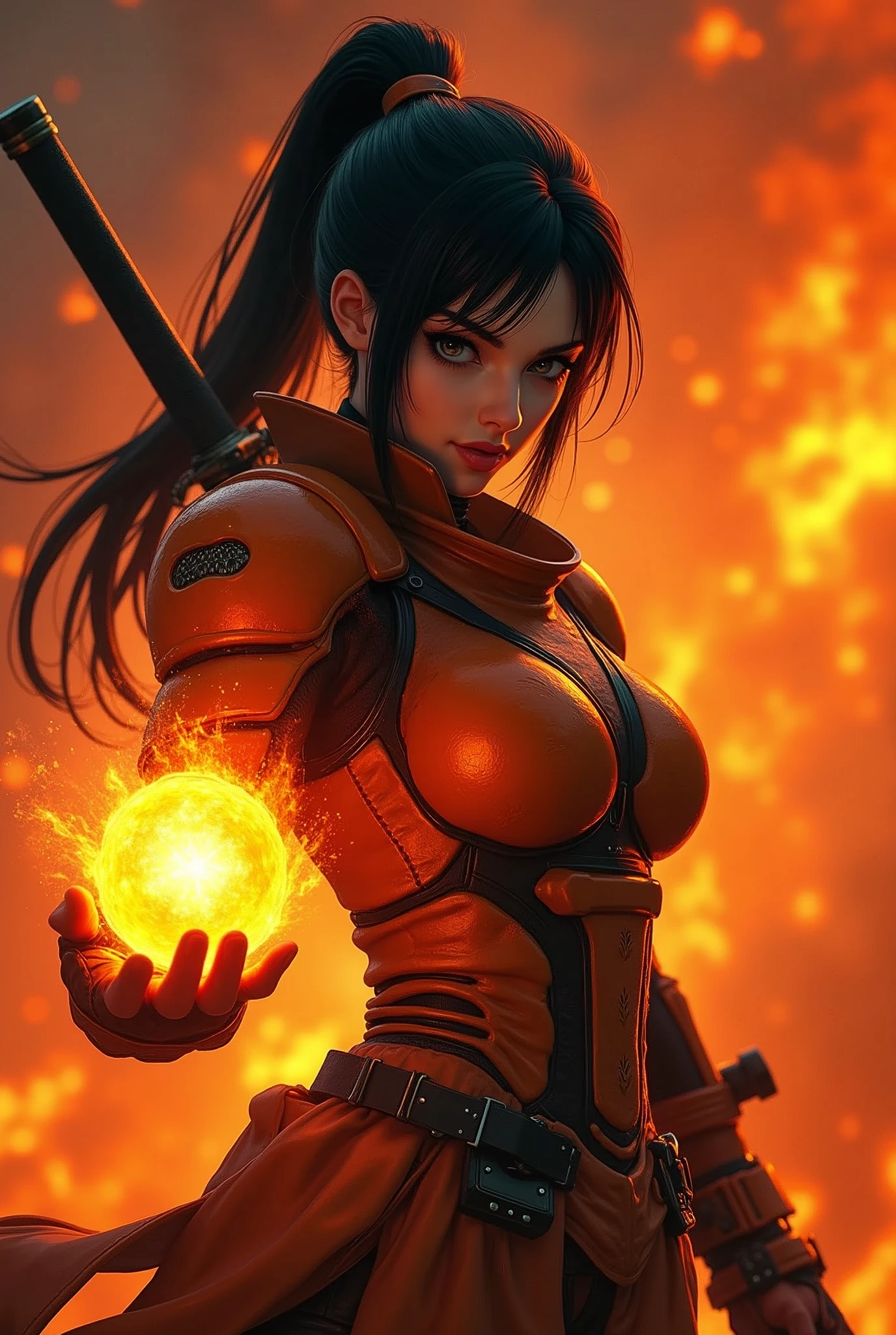 (masterpiece:1.2, Highest quality,Ultra-high resolution,Super detailed),8k,wallpaper,(Armored Core Style),Woman in ninja robot armor,Black Hair,Random Hairstyles,(Fire Ninja),(Orange body),(Detailed face:1.3),(Detailed body:1.3),(Cowboy Shot),(The background is a burning flame and a red battlefield:2.0),(Preparing for battle,Stores a ball of fiery energy in the palm of your hand),(Detailed hands)