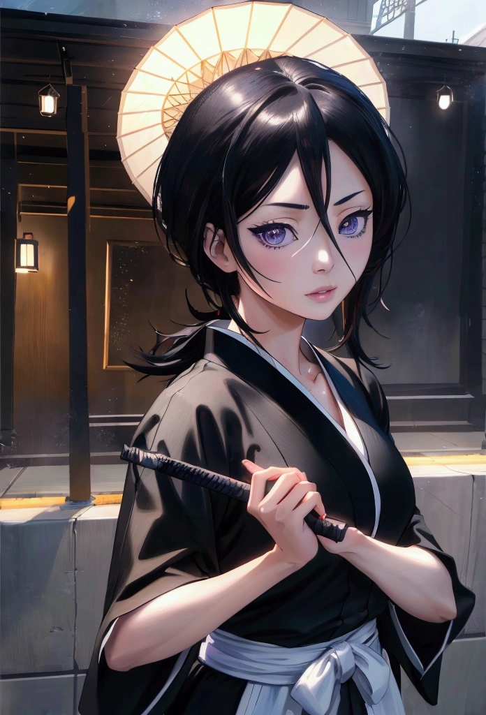 1girl, detailed outline, manga, hyperrealistic, solo, ice, holding katana, Rukia Kuchiki, black kimono, japanese street, intricate background, extremely detailed face, detailed eyes, (best quality,4k,8k,highres,masterpiece:1.2),ultra-detailed,(realistic,photorealistic,photo-realistic:1.37),HDR,UHD,studio lighting,ultra-fine painting,sharp focus,physically-based rendering,extreme detail description,professional,vivid colors,bokeh,concept art