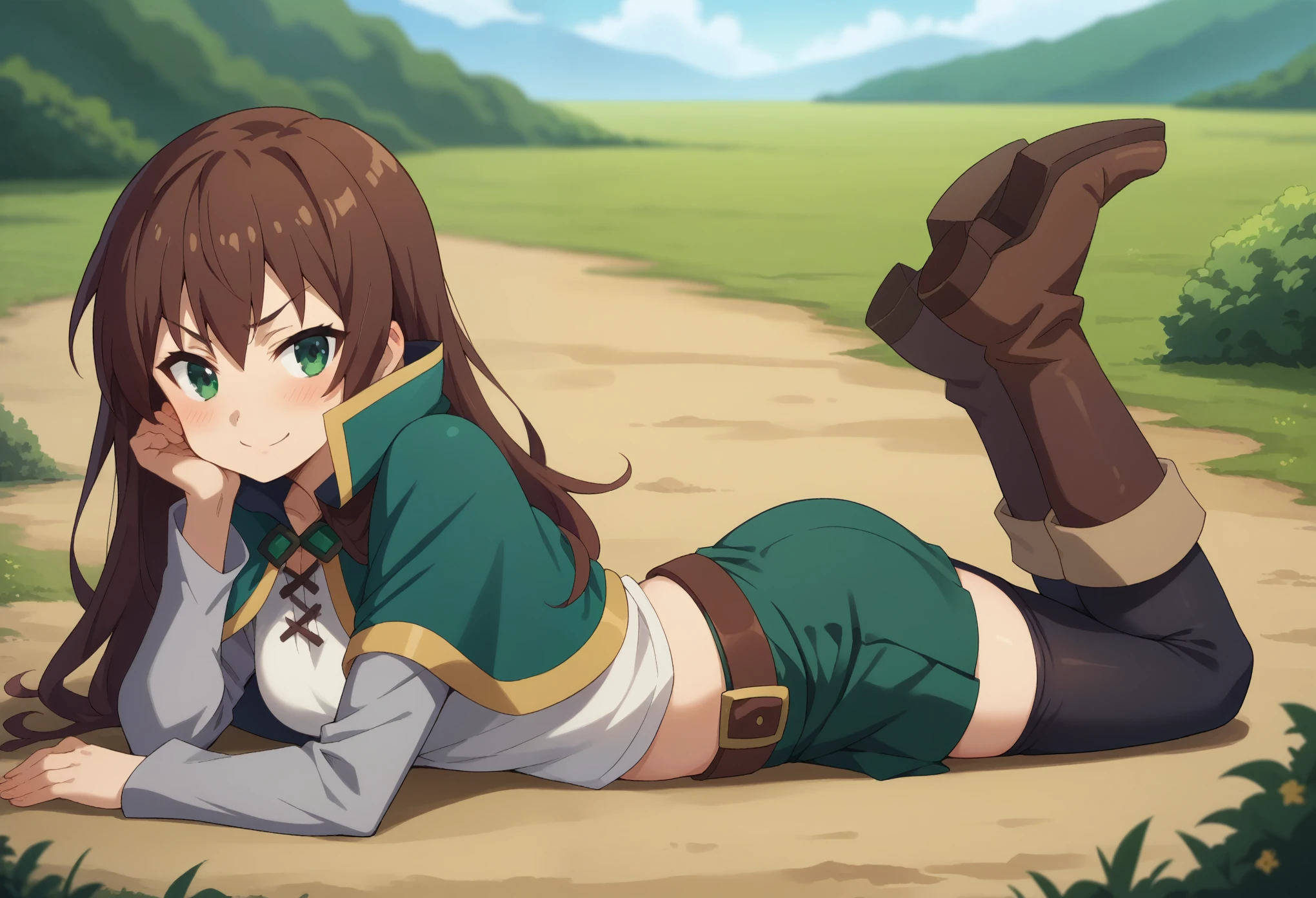 score_9, score_8_up, score_7_up, 1girl, solo, (female:1.5), female focus, female body, kazuma satou, long hair, brown hair, green eyes,shirt, long sleeves, white shirt, belt, green skirt, short skirt, black pantyhoses, navel, capelet, brown belt, lying on stomach, long boots, legs up, perverted face, smirk, blushing, looking at you, landscape, centered image,
