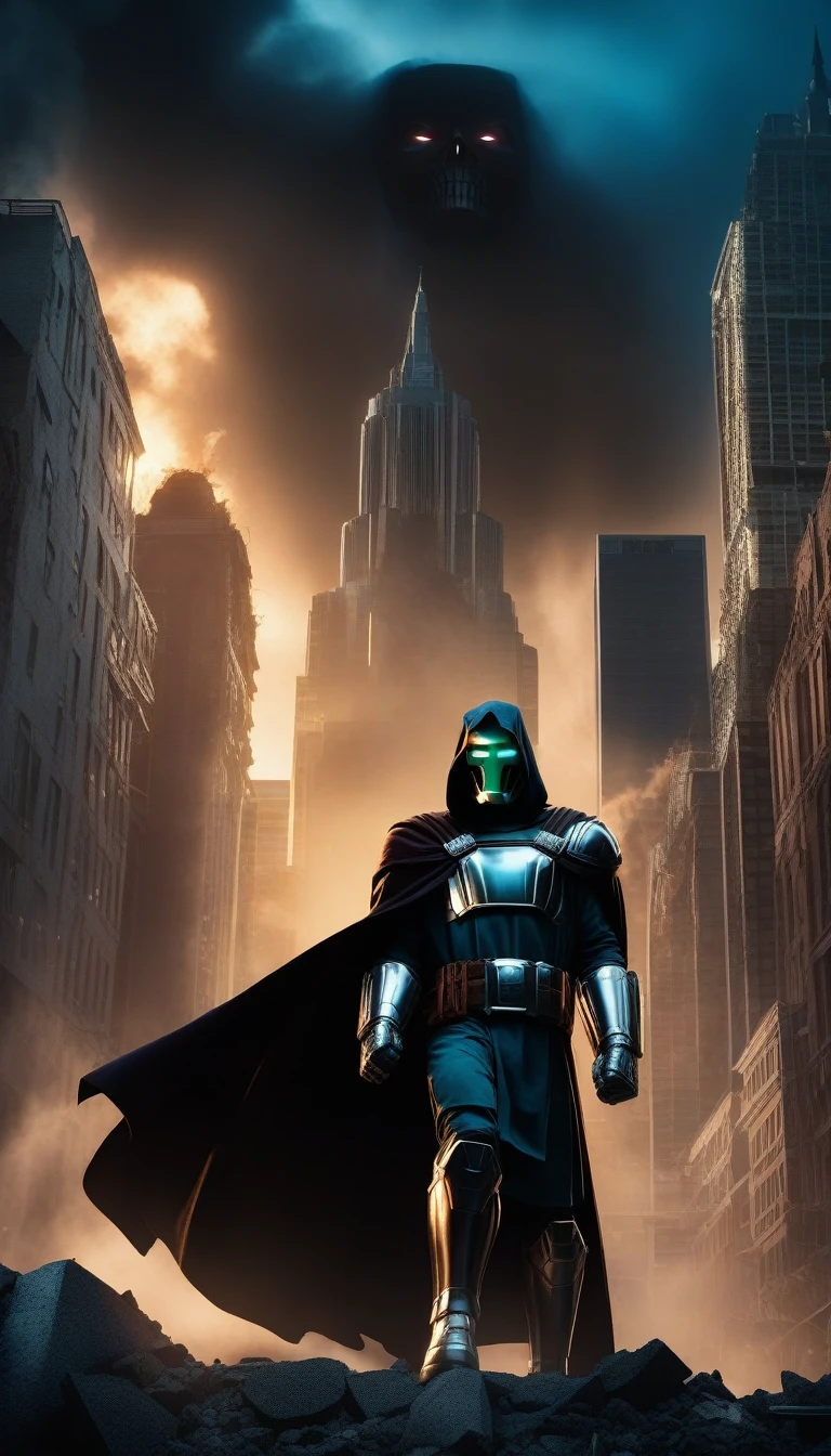 Doctor Doom Marvel, 35mm lens, film, Super detailed, HdR, UHD, 8k, portrait, Dark mood, threatening expression, black jacket, iconic metal mask, glowing blue eyes, complex armor, smoke effect, dynamic posture, ruined cityscape, Impressive lighting, Dark shadow, Bright colors
