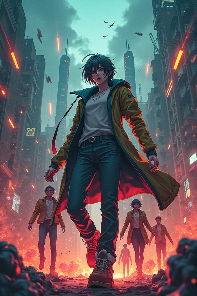 Make an epic anime cover poster with the title MLHS, explosions, dystopian, anime, manga, cyberpunk, violent, 4D, Ultra create