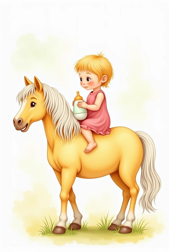 A little baby, blonde, Brown eyes, in a pink dress and a baby bottle riding a light yellow horse, white mane watercolor illustration type