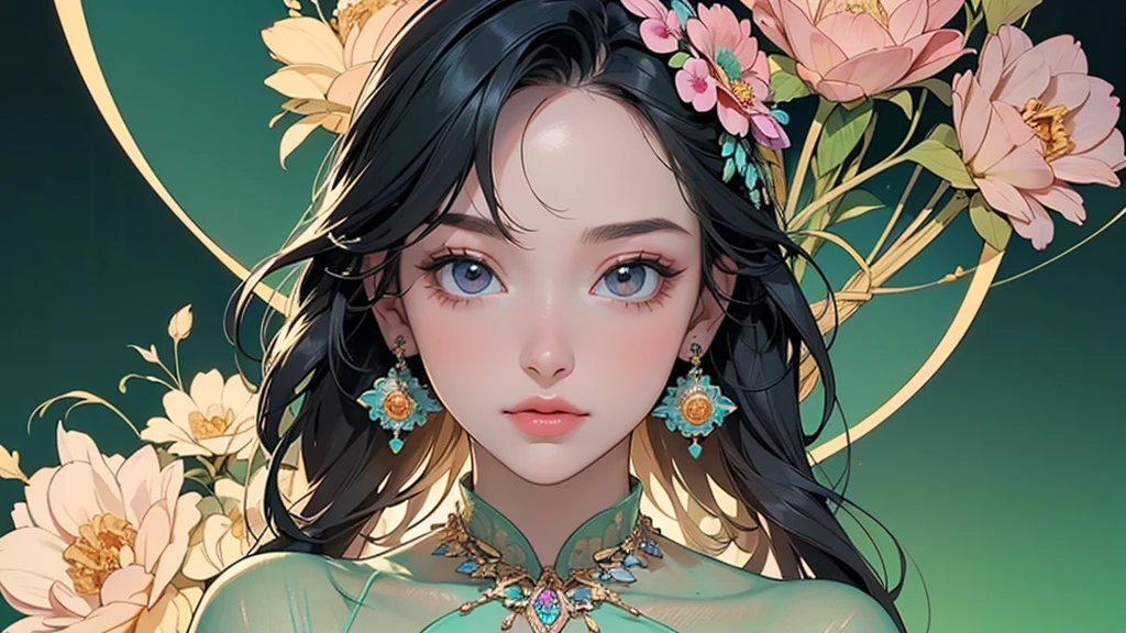 32K, 最高quality, 最高masterpiece, (ultra-Detailed Background, Detailed Background), High resolution, Super detailed, Very detailedな, One girl, (bouquet:1.3), (Tangled:1.2), (Geometric:1.2),(colorful),(masterpiece, quality, best quality, Official Art, Beautiful and beautiful:1.2), (1 girl:1.3), Very detailed,(colorful:1.1)(Flowers:1.3),Most detailed,(Tangled:1.2), whole body, (Abstract background:1.3), (Skin glows), (Many colors:1.4), ,(Earrings Jewelry:1.5), Light green background,