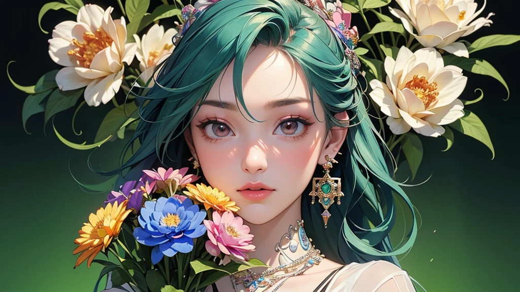 Beautifully detailed eyes, Detailed lips, Extremely detailed face, Long eyelashes, Elegant appearance, Peaceful garden scene, Paper crafts, Realistic 3D rendering, Vibrant green background, Peonies in bloom, Vibrant colors, A masterpiece of art, professional work of art, Cinematic lighting