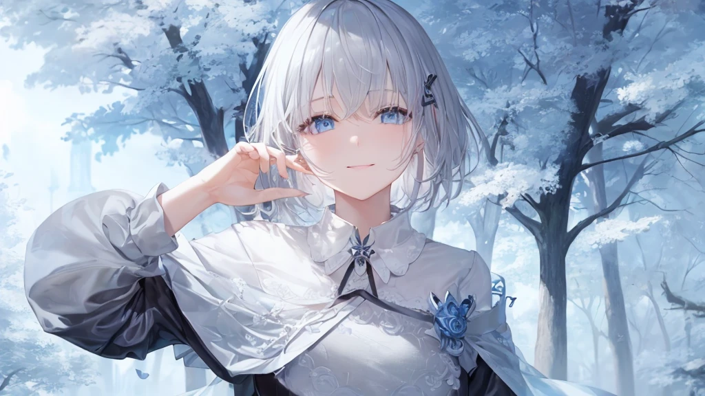 Ultra HD,Look at the viewers, Place your hands behind your back, With a girl, 20-year-old, 非常にshort hair, Long bangs between the eyes, Pale blue eyes, Very detailed,(masterpiece、Highest quality),Gray Hair、Laughter、wonderful, Silver Hair, iris, short hair、 Fluttering Hair、Small face、明るいsmile、(Detailed face) ,Professional Lighting,wonderful風景,blue sky, sunlight,Looking down from above,Portraiture、Open your mouth、Flower Field、Her eyes were shining、Mysterious and enchanting atmosphere。With AI Painting、とてもshort hair, Long bangs between the eyes, Very detailed,(masterpiece、Highest quality)、alone、Gray Hair、Fantasy, Silver Hair, Fantasyな風景、smile、Open your mouth、short hair、short hair、hairpin、black eye、Grey Eyes、Beautiful Eyes、Black Shirt、White hoodie
