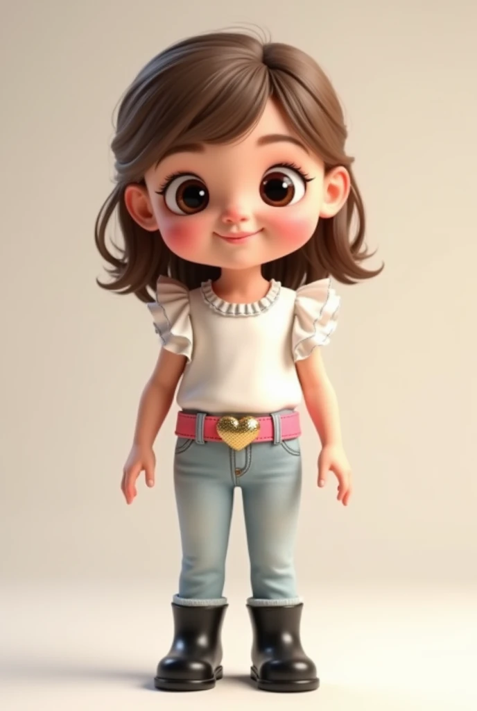 3D image of a 5 year old child full body. Wearing a white blouse with ruffles on the sleeves and light jeans with a pink belt and a gold heart buckle.  She has light brown hair and eyes, small nose and white skin. Straight hair parted on the side, shoulder length,  loose and with bangs. Slanted eyes and happy smiling.  black boot. Face is tapered at the chin 