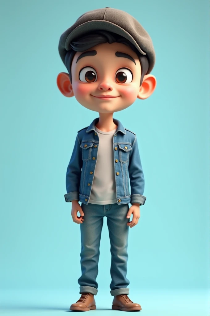 Realistic 3d caricature. whole body, big head. A 25 year old Indonesian youth. tall, slightly thin body, oval face shape. oval chin, handsome, slightly round eyes, white skin, faint smile. wearing a newsboy hat. wearing a worn jean jacket. Body position is clearly visible. Light blue background. Use soft photography lighting with hair lights, edge lights, and top lights. Photos with very high detail.