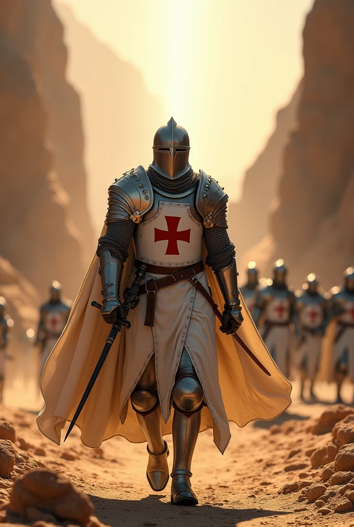 Knight Templar on a march with a Holy Light coming from above