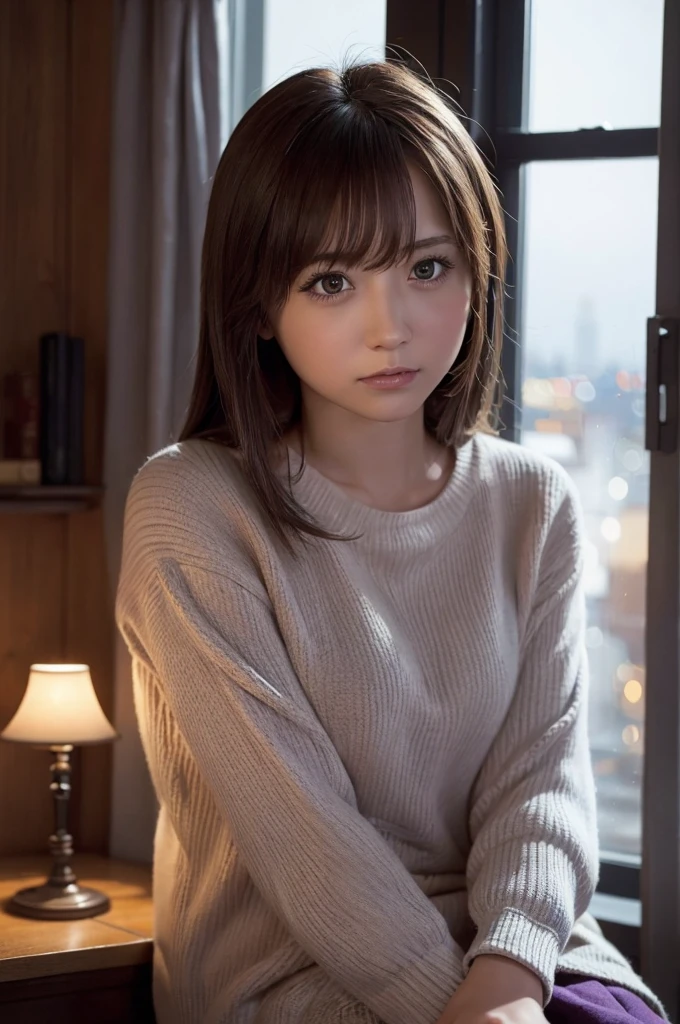 woman、Japanese、35歳のwoman医師、Kneeling and looking down、Headshot from above、Virgin Killer Sweater、pumps、Light brown medium hair、Wave Hair、